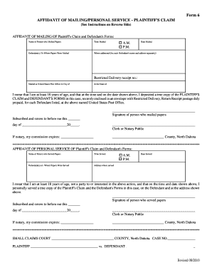 Affidavit of Mailing/Personal Service - Plaintiff's Claim