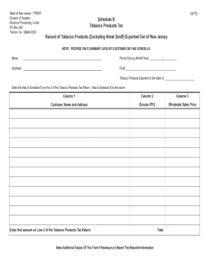 New Jersey Tobacco Products Tax Schedule B