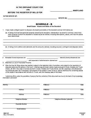 Maryland Small Estate Assets and Debts Form