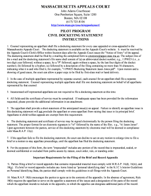 Massachusetts Appeals Court Civil Docketing Statement