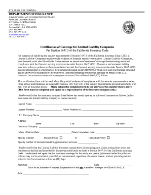 California LLC Insurance Coverage Certification