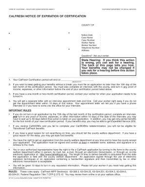 California CalFresh Certification Expiration Notice