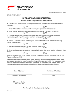 New Jersey IRP Registration Certification