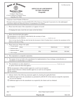 Tennessee Nonprofit Articles of Amendment