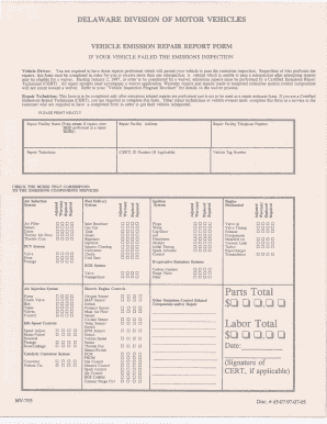 Delaware Vehicle Emission Repair Report Form