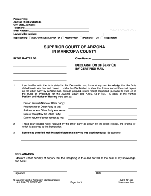 Arizona Declaration of Service by Certified Mail