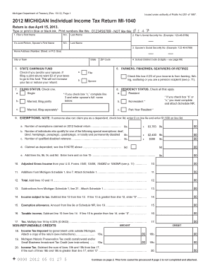 2012 Michigan Individual Income Tax Return MI-1040