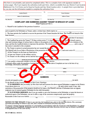 Maryland Tenant Eviction Complaint and Summons