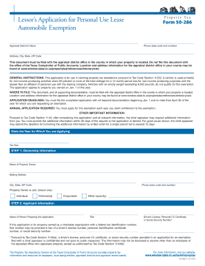 Texas Lessor's Application for Personal Use Lease Automobile Exemption