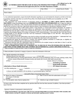 New York HIPAA Authorization for Release of Health Information