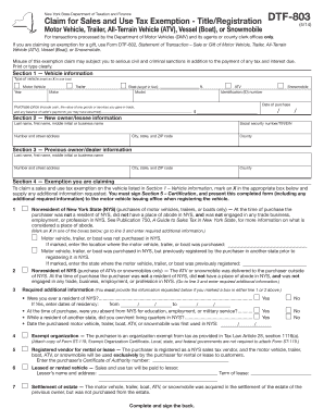New York Sales and Use Tax Exemption Claim - DTF-803