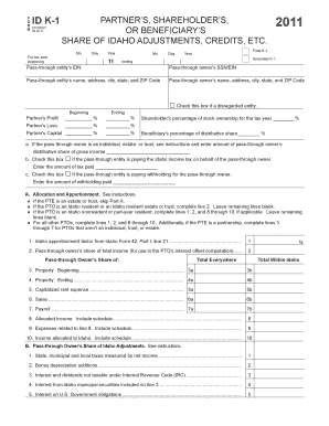 Idaho Form K-1 Partner's Share of Adjustments