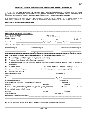 Preschool Special Education Referral Form