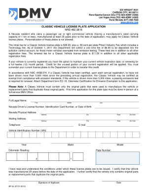 Nevada Classic Vehicle License Plate Application