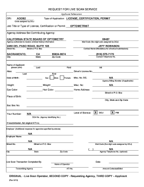 California Optometry License Live Scan Form