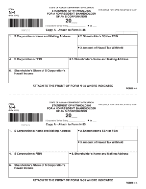 Hawaii Form N-4 Statement of Withholding for Nonresident Shareholder