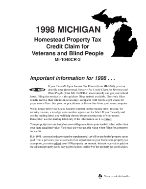 Michigan Homestead Property Tax Credit Claim for Veterans and Blind People
