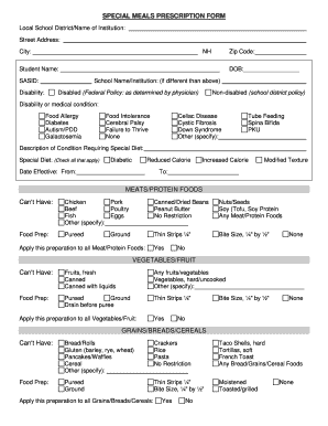 Special Meals Prescription Form