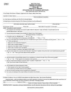 New Jersey Tax Clearance Certificate Application