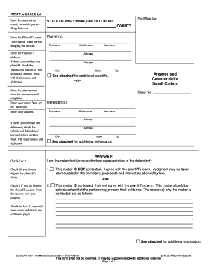 Wisconsin Small Claims Answer and Counterclaim Form