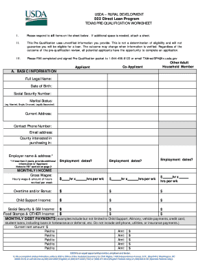 USDA 502 Direct Loan Program Pre-Qualification Worksheet