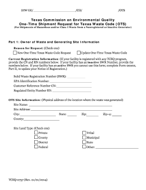 Texas One-Time Shipment Request for Waste Code