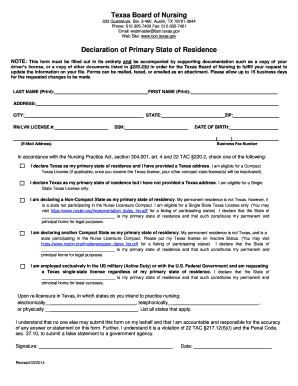 Texas Board of Nursing Primary Residence Declaration