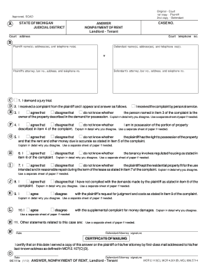 Michigan Nonpayment of Rent Answer Form