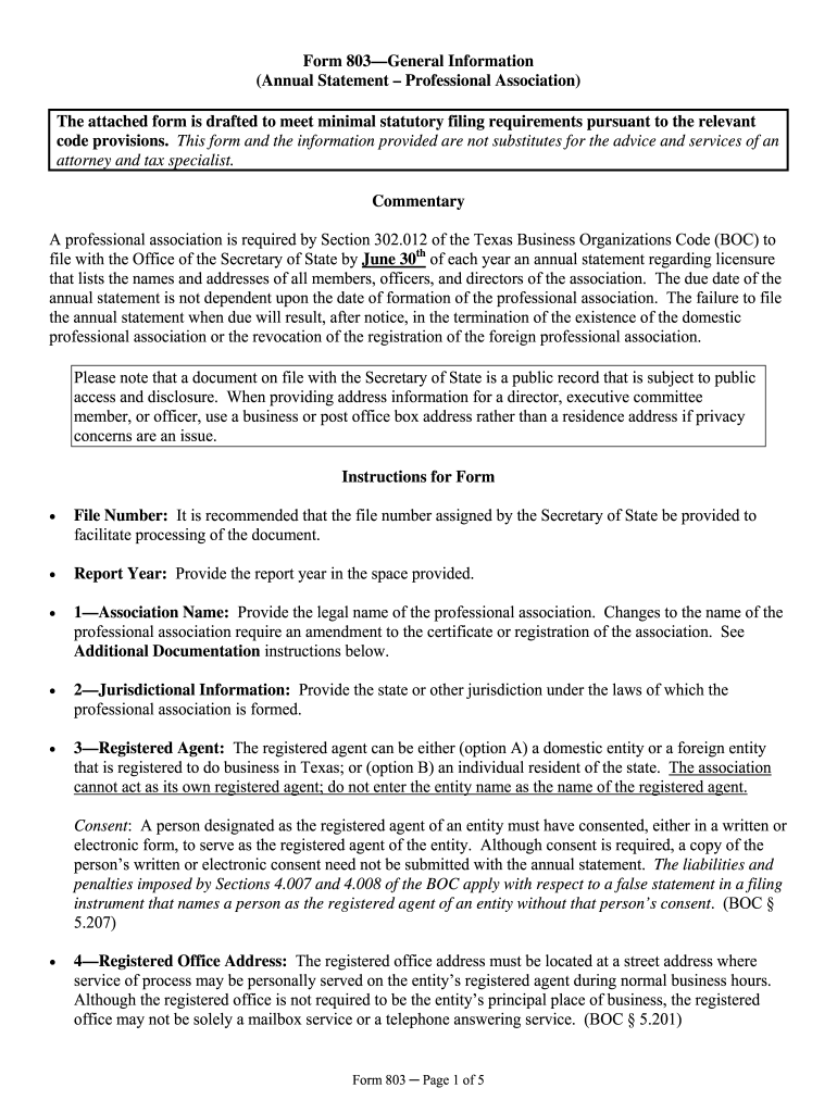 Form 803 General Information (Annual Statement Professional - sos texas Preview on Page 1