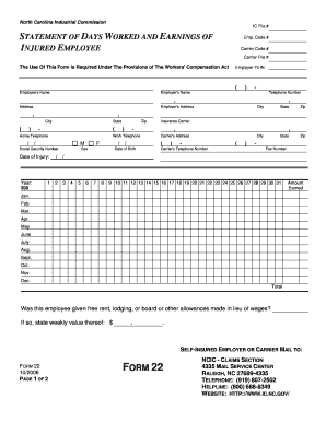 North Carolina Form 22 Workers Compensation Earnings Statement
