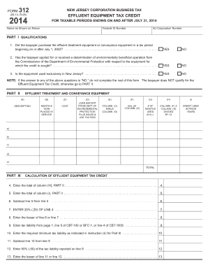 New Jersey Effluent Equipment Tax Credit Form 312