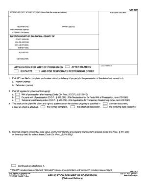 California Application for Writ of Possession