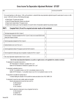 New Jersey Gross Income Tax Depreciation Adjustment Worksheet