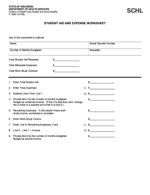 Wisconsin Student Aid and Expense Worksheet