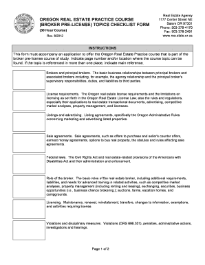 Oregon Real Estate Practice Course Checklist Form