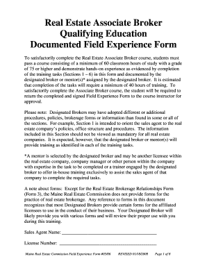 Maine Real Estate Commission Field Experience Form