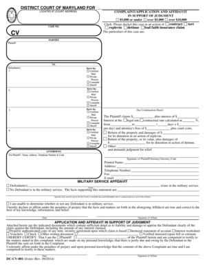 Complaint Application and Affidavit in Support of Judgment