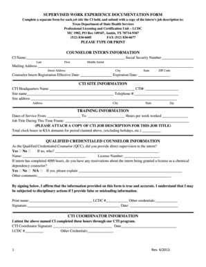 Texas Counselor Intern Supervised Work Experience Form