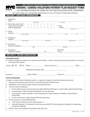 New York City Parking Camera Violations Payment Plan Request Form