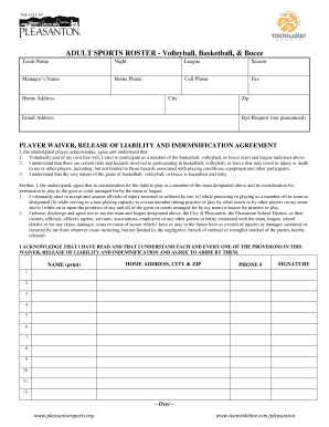 Adult Sports Roster and Waiver Form