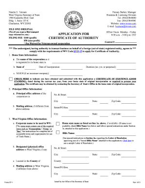 West Virginia Certificate of Authority Application