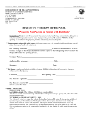 California Bid Proposal Withdrawal Form