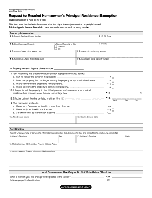 Michigan Request to Rescind Homeowner's Principal Residence Exemption