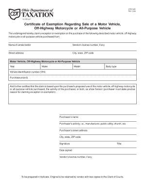 Ohio Motor Vehicle Exemption Certificate
