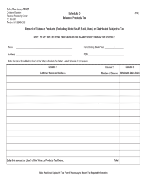 New Jersey Tobacco Products Tax Schedule D