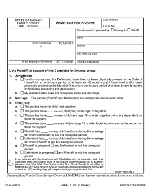 Hawaii Family Court Complaint for Divorce