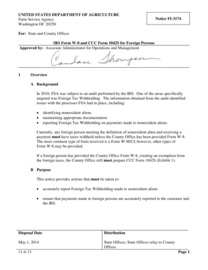 USDA Notice on IRS Form W-8 and CCC Form 1042S for Foreign Persons