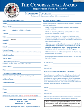 Congressional Award Registration Form and Waiver