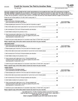 Utah TC-40S Credit for Income Tax Paid to Another State