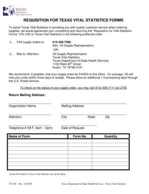 Texas Vital Statistics Form Requisition